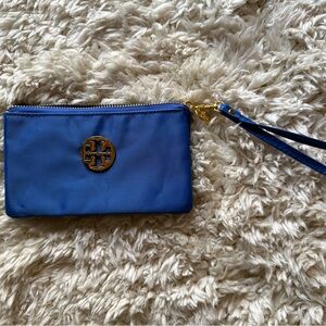 Tory Burch Blue Wristlet with Gold Logo